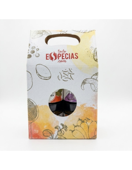 pack sabor andaluz: 4 especias típicas en bote de cristal con caja decorada